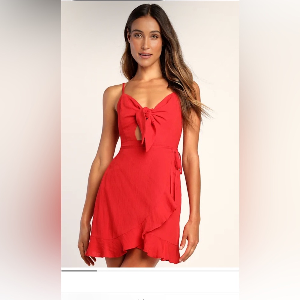 Lulus Total Sun-sation red ruffled tie front faux wrap mini dress
